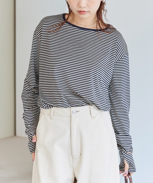 LAVEANGE（ラビアンジェ）の「ボーダーフィンガーホールプルオーバー（Tシャツ/カットソー・レディース・ネイビー/ブラック・5L/M/LL/3L/4L）」の15枚目の写真