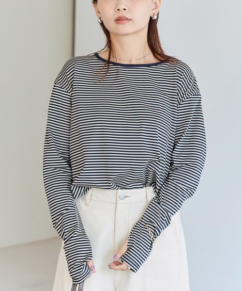 LAVEANGE（ラビアンジェ）の「ボーダーフィンガーホールプルオーバー（Tシャツ/カットソー・レディース・ネイビー/ブラック・5L/M/LL/3L/4L）」の16枚目の写真