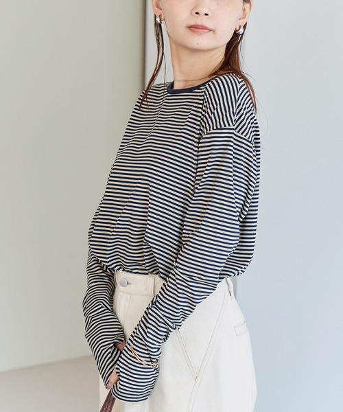 LAVEANGE（ラビアンジェ）の「ボーダーフィンガーホールプルオーバー（Tシャツ/カットソー・レディース・ネイビー/ブラック・5L/M/LL/3L/4L）」の18枚目の写真