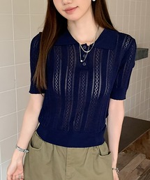 透かし編みポロ半袖ニット