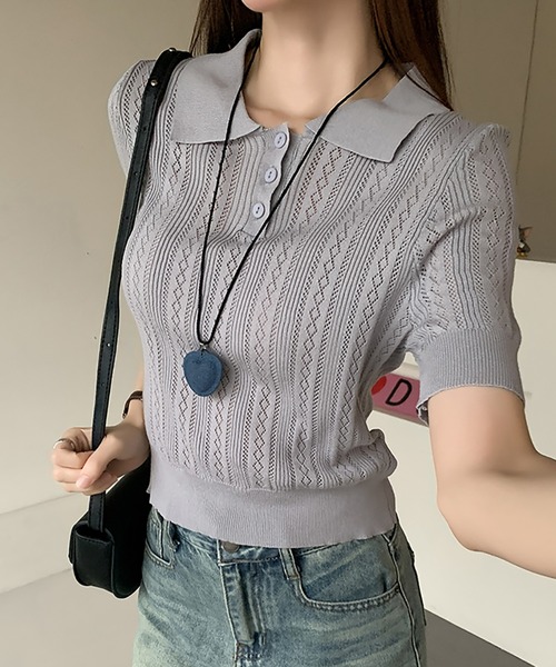 本日タイムSALE✨VONDEL（フォンデル）鍵編みポロニット セール】透かし編みポロ半袖ニット（ニット/セーター）｜Girly