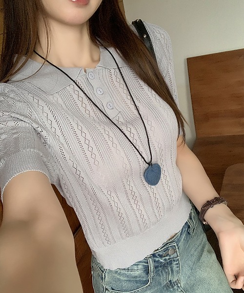 本日タイムSALE✨VONDEL（フォンデル）鍵編みポロニット セール】透かし編みポロ半袖ニット（ニット/セーター）｜Girly