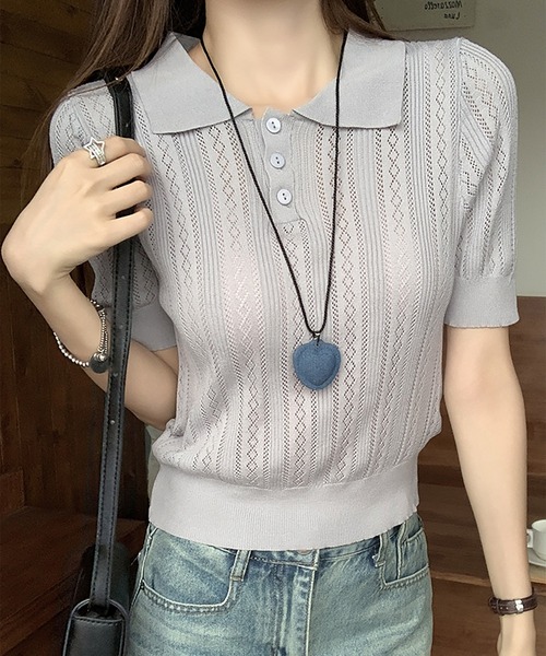 Girly Doll(ガーリードール)の「透かし編みポロ半袖ニット(ニット/セーター・レディース・ベージュ/イエロー/グレー/ネイビー・FREE)」の16枚目の写真