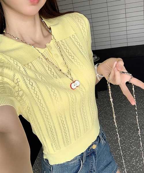 Girly Doll(ガーリードール)の「透かし編みポロ半袖ニット(ニット/セーター・レディース・ベージュ/イエロー/グレー/ネイビー・FREE)」の7枚目の写真