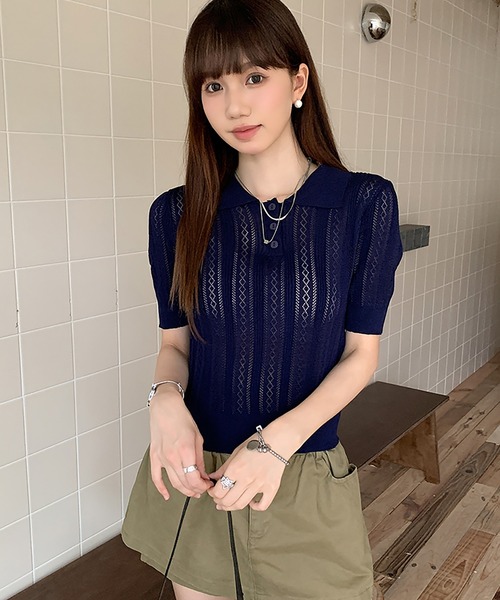 Girly Doll(ガーリードール)の「透かし編みポロ半袖ニット(ニット/セーター・レディース・ベージュ/イエロー/グレー/ネイビー・FREE)」の19枚目の写真