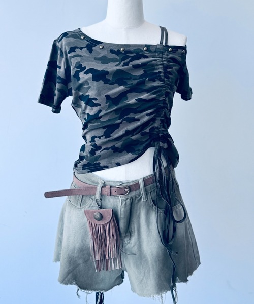 PEOPLESTYLE ダメージ デニムパンツ フリンジ レトロ 男女兼用 Z)【BLINGLEADS】腰巻風 DENIM PANT/JNF24013（デニムパンツ