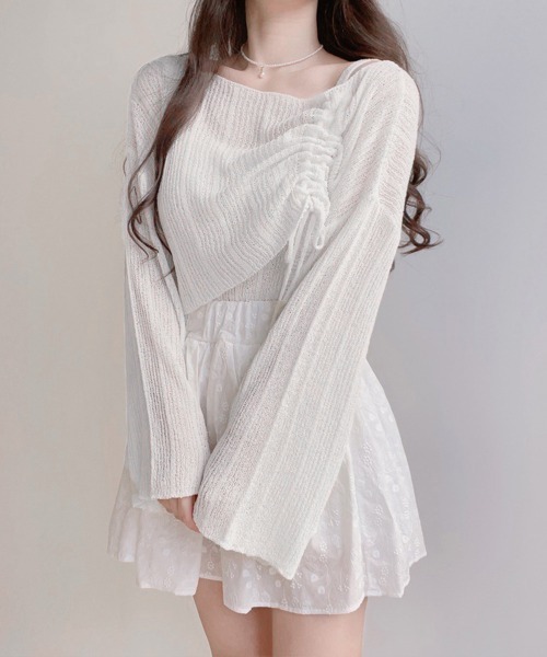 Miniministore(ミニミニストア)の「【2点セット】ドローストリング ニットアンサンブル春夏(アンサンブル・レディース・ホワイト/ピンク/ライトグリーン/モカ/ラベンダー/イエロー/グレー/ブラック・FREE)」の2枚目の写真