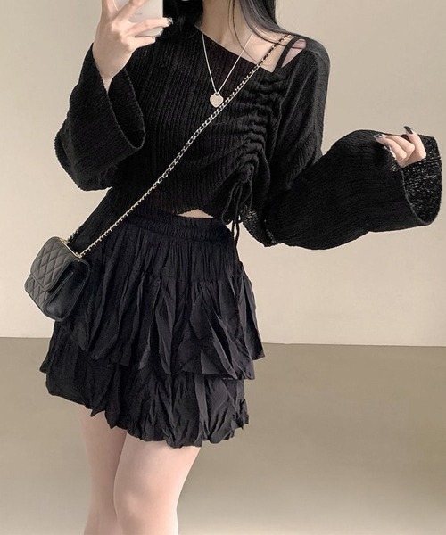 【Cider】ドローストリング バブル ヘム ミニ ドレス Drop Waist Dress Knit Fabric Tube Striped Bubble Hem Mini