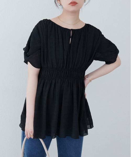 natural couture（ナチュラルクチュール）の「osonoねじり袖ペプラムチュニック（シャツ/ブラウス・レディース・オレンジ/その他1/オフホワイト/サックスブルー/ブラック・FREE）」の3枚目の写真