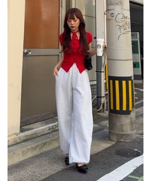 SLY(スライ)の「TIE DESIGN HG TOPS タイデザイン ハイゲージ トップス 夏服 サマーニット 半袖 シアートップス(ニット/セーター・レディース・レッド/ブラック/グレー・FREE)」の21枚目の写真