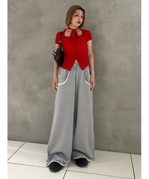 SLY(スライ)の「TIE DESIGN HG TOPS タイデザイン ハイゲージ トップス 夏服 サマーニット 半袖 シアートップス(ニット/セーター・レディース・レッド/ブラック/グレー・FREE)」の22枚目の写真