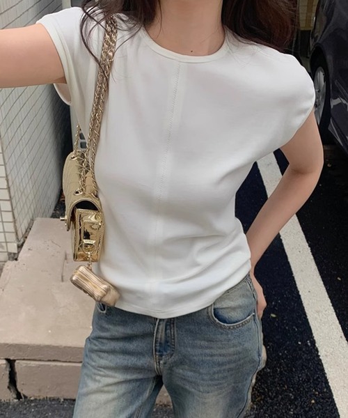Lace Ladies(レースレディース)の「フロント ステッチ クルーネック フレンチスリーブ Tシャツ(Tシャツ/カットソー・レディース・ブラック/ホワイト/グレイッシュベージュ/グレー・XL/M/S)」の1枚目の写真