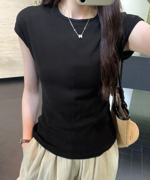 Lace Ladies(レースレディース)の「フロント ステッチ クルーネック フレンチスリーブ Tシャツ(Tシャツ/カットソー・レディース・ブラック/ホワイト/グレイッシュベージュ/グレー・XL/M/S)」の2枚目の写真