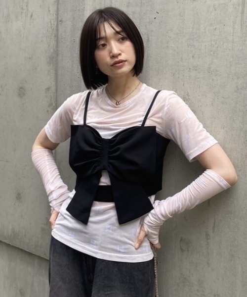 HONEY MI HONEY（ハニーミーハニー）の「logo tulle two-way tops（Tシャツ/カットソー・レディース・ベージュ/オフホワイト/ブラック・FREE）」の2枚目の写真