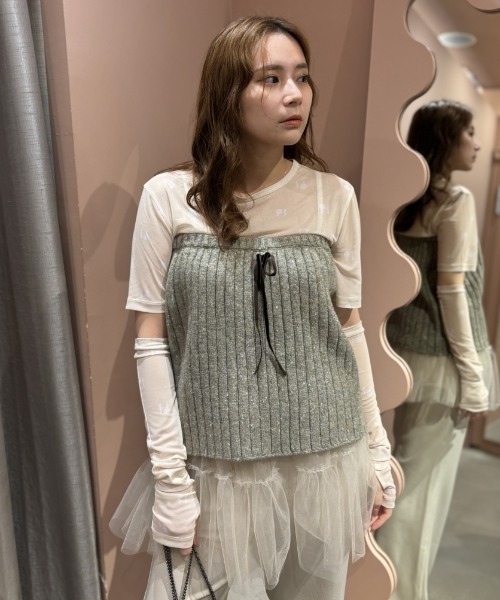 HONEY MI HONEY（ハニーミーハニー）の「logo tulle two-way tops（Tシャツ/カットソー・レディース・ベージュ/オフホワイト/ブラック・FREE）」の14枚目の写真