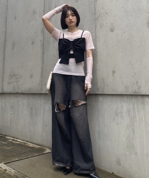 HONEY MI HONEY（ハニーミーハニー）の「logo tulle two-way tops（Tシャツ/カットソー・レディース・ベージュ/オフホワイト/ブラック・FREE）」の21枚目の写真