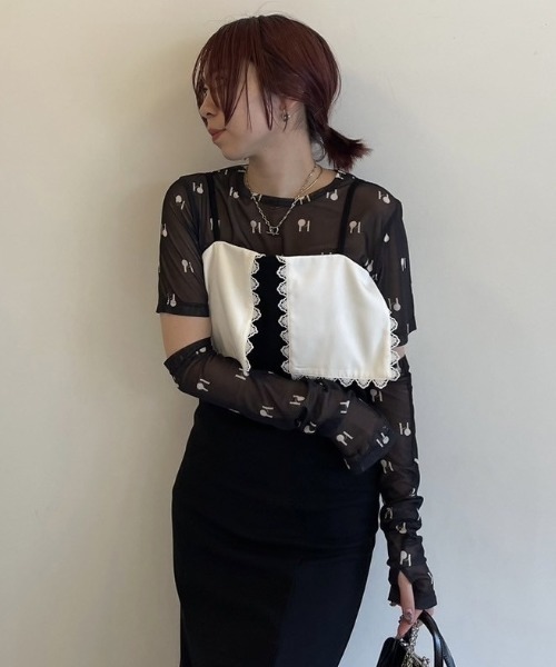 HONEY MI HONEY（ハニーミーハニー）の「logo tulle two-way tops（Tシャツ/カットソー・レディース・ベージュ/オフホワイト/ブラック・FREE）」の22枚目の写真