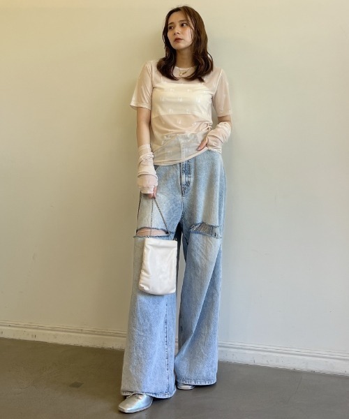 HONEY MI HONEY（ハニーミーハニー）の「logo tulle two-way tops（Tシャツ/カットソー・レディース・ベージュ/オフホワイト/ブラック・FREE）」の17枚目の写真