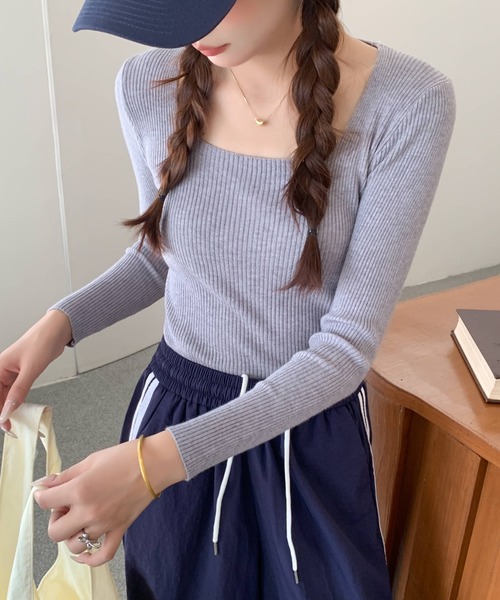 everycoco（エブリーココ）の「スクエアネックリブニットトップス（ニット/セーター・レディース・ホワイト/ピンク/グレー/ブラック・FREE）」の5枚目の写真