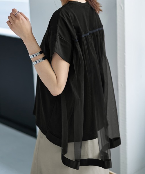 STYLE DELI(スタイルデリ)の「【Made in JAPAN】背面チュールカットソートップス(Tシャツ/カットソー・レディース・ホワイト/ブラック・MEDIUM)」の6枚目の写真