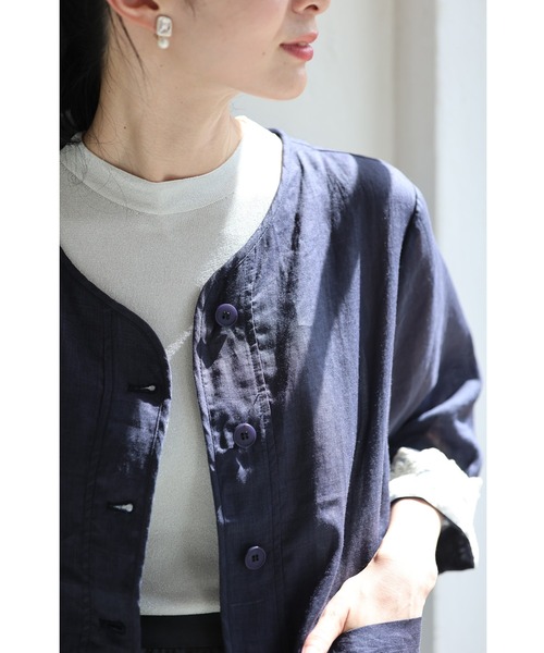 濃紺）風通る涼しさの折り返しレース袖リネンジャケット（ノーカラー