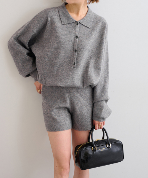 U by SPICK&SPAN（ユーバイスピックアンドスパン）の「えり付きニットロンパース（つなぎ/オールインワン・レディース・ライトグレー/アイボリー・FREE）」の4枚目の写真