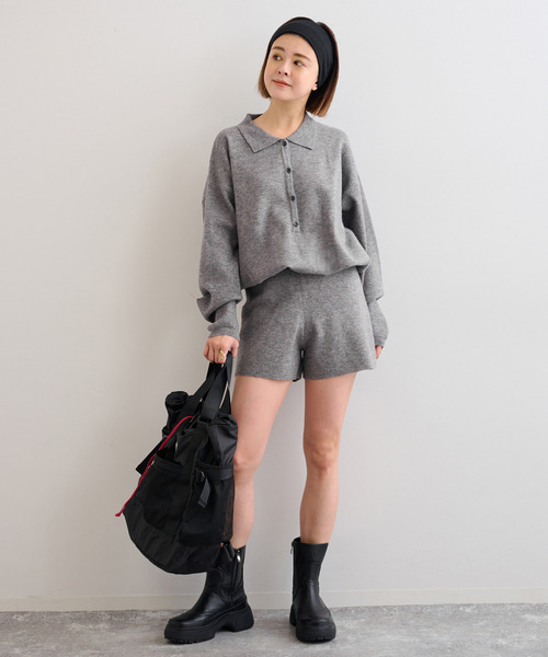 U by SPICK&SPAN（ユーバイスピックアンドスパン）の「えり付きニットロンパース（つなぎ/オールインワン・レディース・ライトグレー/アイボリー・FREE）」の6枚目の写真