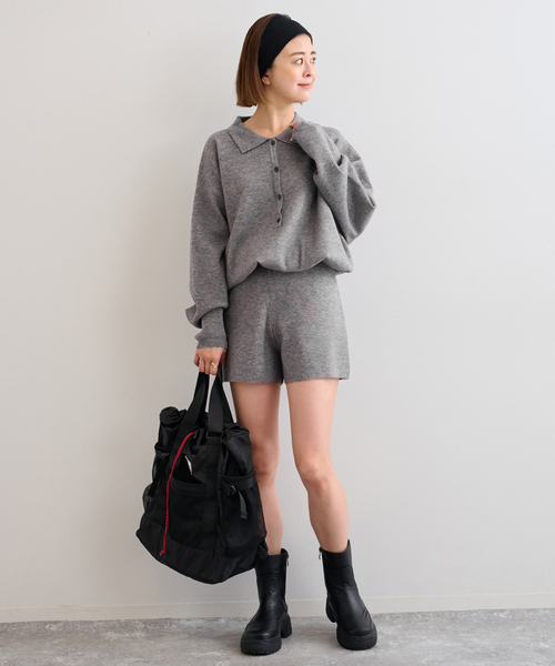 U by SPICK&SPAN（ユーバイスピックアンドスパン）の「えり付きニットロンパース（つなぎ/オールインワン・レディース・ライトグレー/アイボリー・FREE）」の7枚目の写真