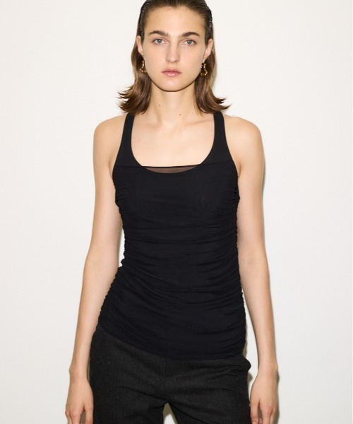 THROW by SLY（スローバイスライ）の「THROW DRAPE DESIGN TANK TOP ドレープデザイン タンクトップ 夏服 秋服（タンクトップ・レディース・ブラウン/ブラック・FREE）」の2枚目の写真