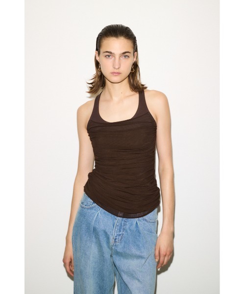 THROW by SLY（スローバイスライ）の「THROW DRAPE DESIGN TANK TOP ドレープデザイン タンクトップ 夏服 秋服（タンクトップ・レディース・ブラウン/ブラック・FREE）」の10枚目の写真