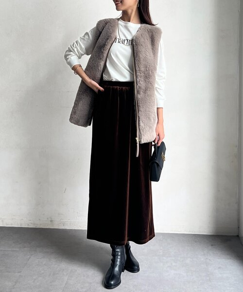 Chez toi(シェトワ)の「ベロアナロースカート(スカート・レディース・ブラウン/ベージュ/イエロー・FREE)」の5枚目の写真