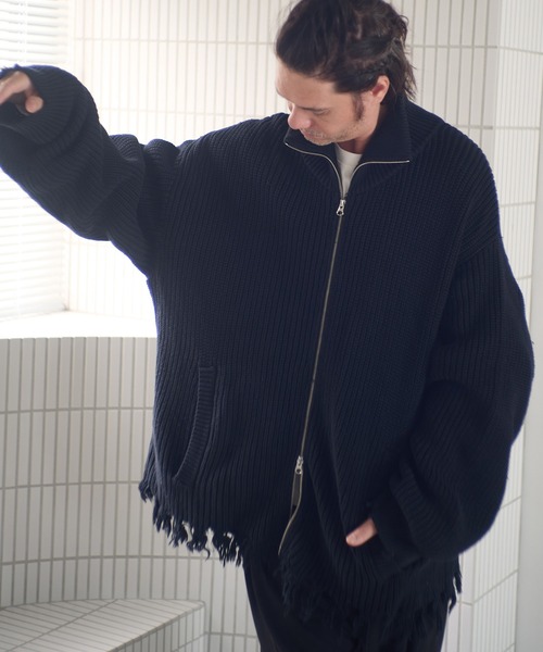 ADAM PATEK(アダムパテック)の「mcg3703-cotton wool damaged drivers knit ドライバーズニット(AP2521028)(カーディガン/ボレロ・メンズ・ブラック/グレー・1/2)」の3枚目の写真