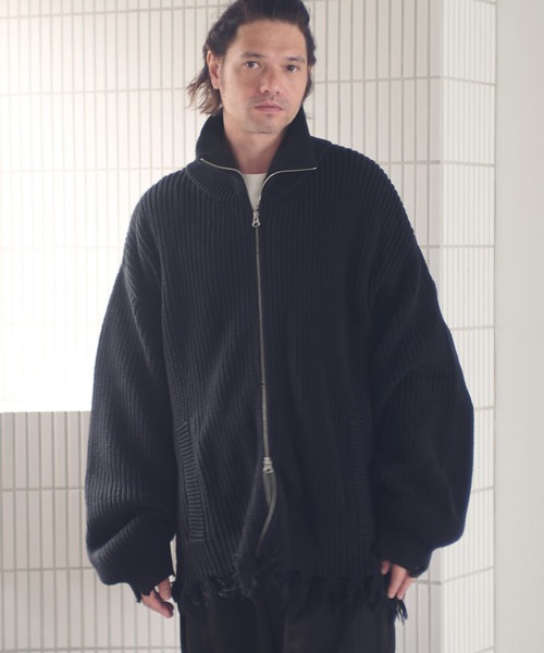 ADAM PATEK(アダムパテック)の「mcg3703-cotton wool damaged drivers knit ドライバーズニット(AP2521028)(カーディガン/ボレロ・メンズ・ブラック/グレー・1/2)」の4枚目の写真