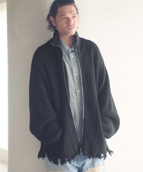 ADAM PATEK(アダムパテック)の「mcg3703-cotton wool damaged drivers knit ドライバーズニット(AP2521028)(カーディガン/ボレロ・メンズ・ブラック/グレー・1/2)」の8枚目の写真