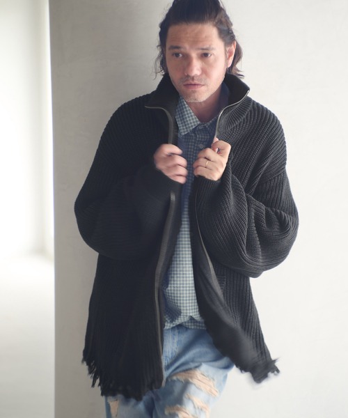 ADAM PATEK(アダムパテック)の「mcg3703-cotton wool damaged drivers knit ドライバーズニット(AP2521028)(カーディガン/ボレロ・メンズ・ブラック/グレー・1/2)」の9枚目の写真