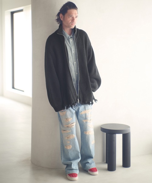 ADAM PATEK(アダムパテック)の「mcg3703-cotton wool damaged drivers knit ドライバーズニット(AP2521028)(カーディガン/ボレロ・メンズ・ブラック/グレー・1/2)」の10枚目の写真