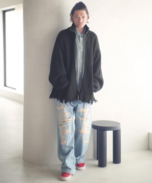 ADAM PATEK(アダムパテック)の「mcg3703-cotton wool damaged drivers knit ドライバーズニット(AP2521028)(カーディガン/ボレロ・メンズ・ブラック/グレー・1/2)」の11枚目の写真