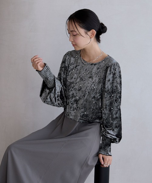 forksy.(フォルクシー)の「【forksy.】【オケージョン対応】ベロアパール長袖トップス&キャミワンピース(ドレス・レディース・ブラック/ブラウン/グレー・FREE)」の20枚目の写真