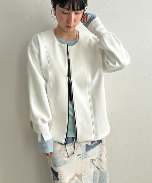 LHELBIE(レルビエ)の「ダブルジップダンボールカーディガン(カーディガン/ボレロ・レディース・ブラック/オフホワイト/グレー・M)」の2枚目の写真