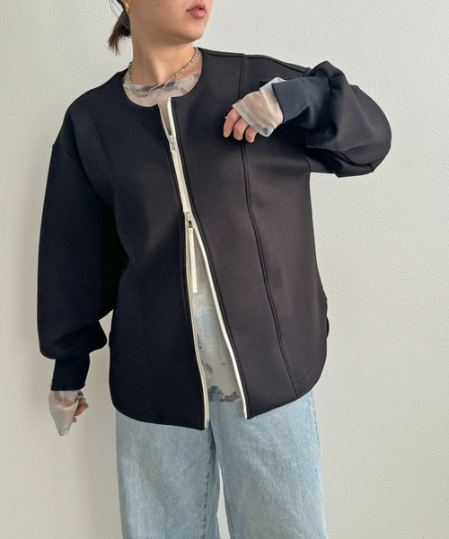 LHELBIE(レルビエ)の「ダブルジップダンボールカーディガン(カーディガン/ボレロ・レディース・ブラック/オフホワイト/グレー・M)」の1枚目の写真