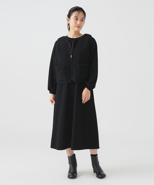 Bibiy ブラック フリースベスト ワンピース ボア ベスト × カット ワンピース セット（ワンピース）｜B:MING by