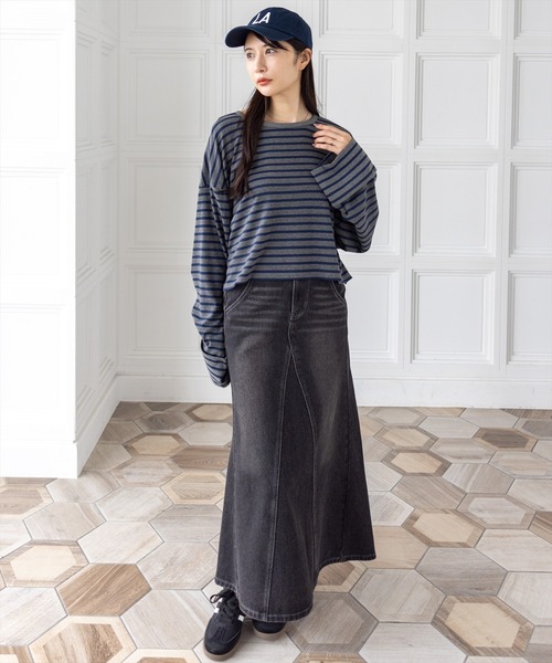 CLEAR BASIC（クリアベーシック）の「オーバーサイズボーダーカットソー［大人 カジュアル 着回し力抜群］（Tシャツ/カットソー・レディース・グレー/チャコールグレー/アイボリー・F）」の7枚目の写真