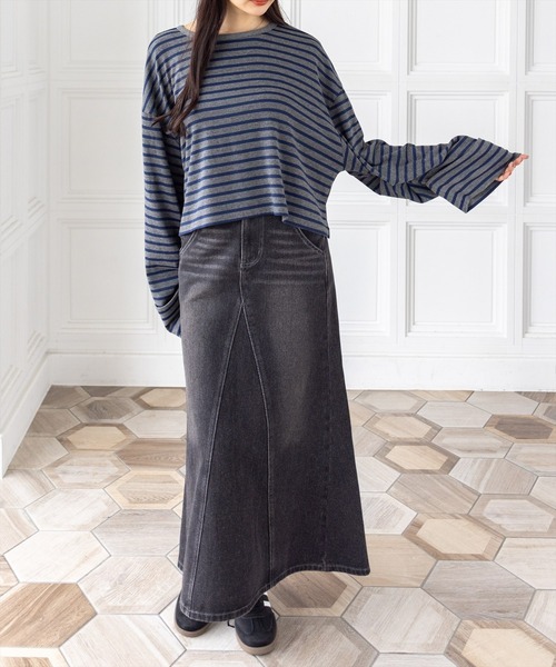 CLEAR BASIC（クリアベーシック）の「オーバーサイズボーダーカットソー［大人 カジュアル 着回し力抜群］（Tシャツ/カットソー・レディース・グレー/チャコールグレー/アイボリー・F）」の8枚目の写真