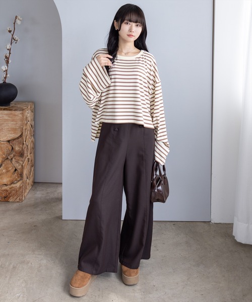 CLEAR BASIC（クリアベーシック）の「オーバーサイズボーダーカットソー［大人 カジュアル 着回し力抜群］（Tシャツ/カットソー・レディース・グレー/チャコールグレー/アイボリー・F）」の6枚目の写真