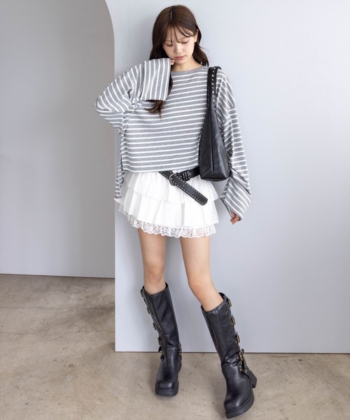 CLEAR BASIC（クリアベーシック）の「オーバーサイズボーダーカットソー［大人 カジュアル 着回し力抜群］（Tシャツ/カットソー・レディース・グレー/チャコールグレー/アイボリー・F）」の4枚目の写真