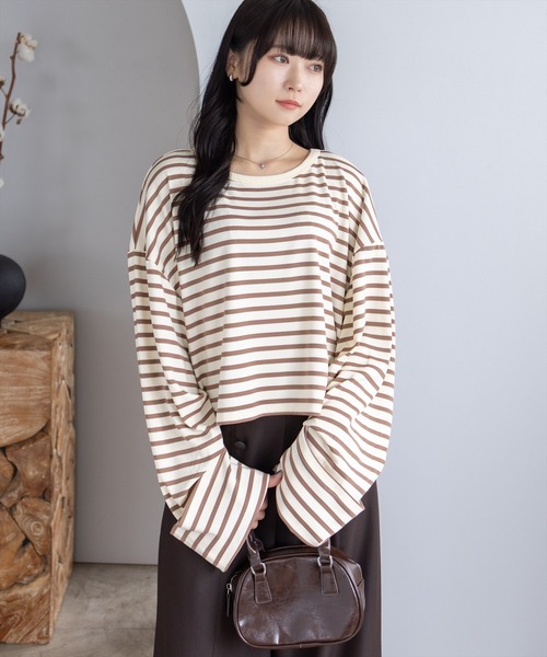 CLEAR BASIC（クリアベーシック）の「オーバーサイズボーダーカットソー［大人 カジュアル 着回し力抜群］（Tシャツ/カットソー・レディース・グレー/チャコールグレー/アイボリー・F）」の22枚目の写真