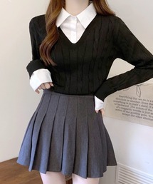 シャツレイヤード風ケーブルニット