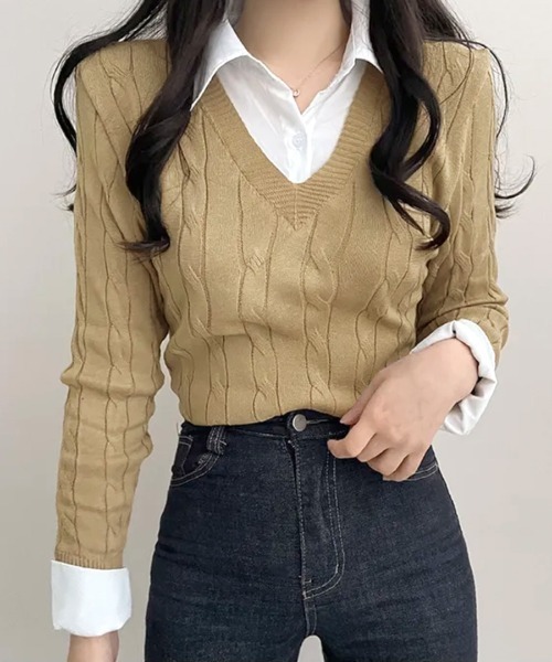 REMUR(レミュール)の「シャツレイヤード風ケーブルニット(ニット/セーター・レディース・ベージュ/グレー/ブラック・FREE)」の17枚目の写真