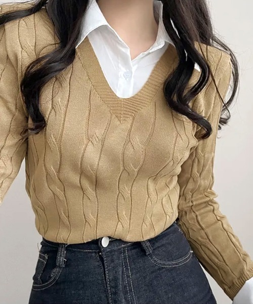 REMUR(レミュール)の「シャツレイヤード風ケーブルニット(ニット/セーター・レディース・ベージュ/グレー/ブラック・FREE)」の18枚目の写真