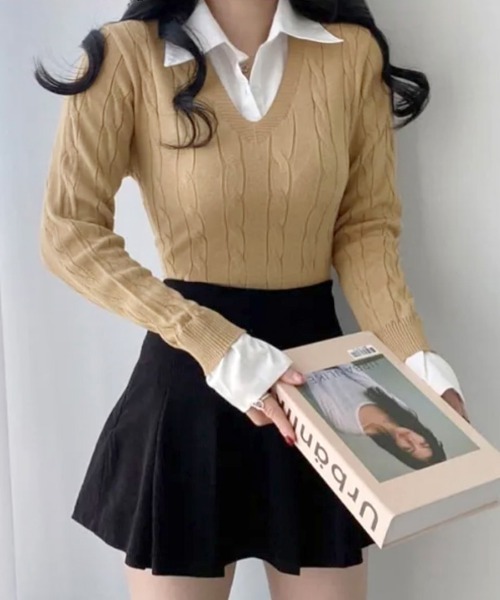 REMUR(レミュール)の「シャツレイヤード風ケーブルニット(ニット/セーター・レディース・ベージュ/グレー/ブラック・FREE)」の19枚目の写真